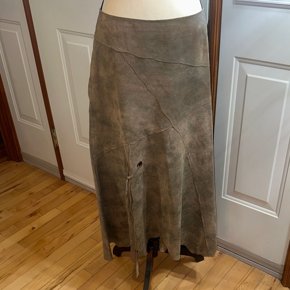 Danier Leather Asymmetrical Suede Tan and Blue-Green Skirt